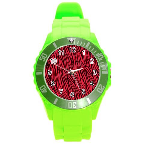 Red Zebra Stripes Round Plastic Sport Watch (L) from ArtsNow.com Front