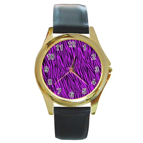 Purple Zebra Stripes Round Gold Metal Watch from ArtsNow.com Front