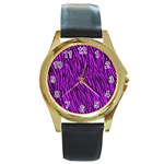 Purple Zebra Stripes Round Gold Metal Watch