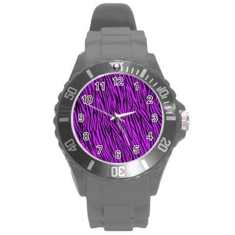 Purple Zebra Stripes Round Plastic Sport Watch (L) from ArtsNow.com Front