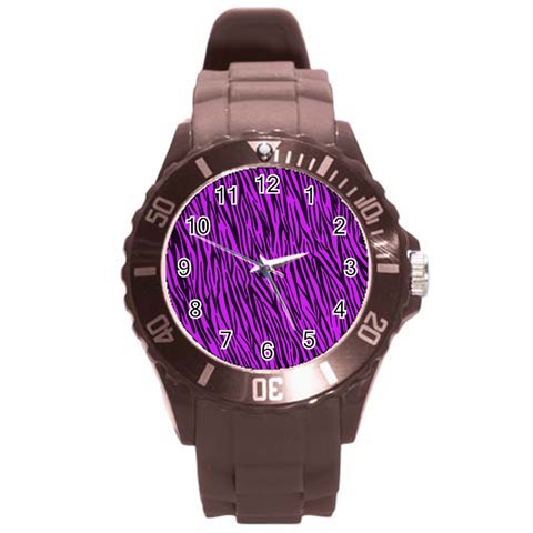 Purple Zebra Stripes Round Plastic Sport Watch (L) from ArtsNow.com Front