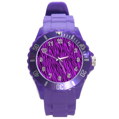 Purple Zebra Stripes Round Plastic Sport Watch (L) from ArtsNow.com Front