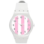 Vertical Stripes - White and Cotton Candy Pink Round Plastic Sport Watch (M)