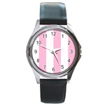 Vertical Stripes - White and Cotton Candy Pink Round Metal Watch