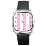 Vertical Stripes - White and Cotton Candy Pink Square Metal Watch