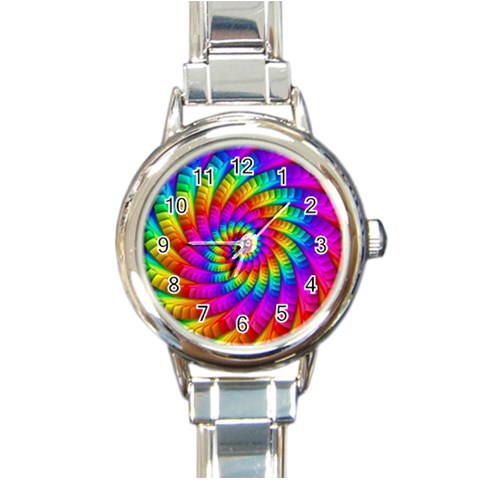 Psychedelic Fractal Rainbow Spiral  Round Italian Charm Watch from ArtsNow.com Front