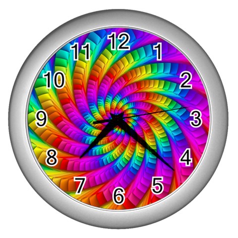 Psychedelic Fractal Rainbow Spiral  Wall Clock (Silver) from ArtsNow.com Front