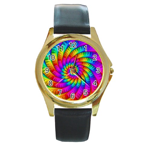 Psychedelic Fractal Rainbow Spiral  Round Gold Metal Watch from ArtsNow.com Front