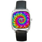 Psychedelic Fractal Rainbow Spiral  Square Metal Watch