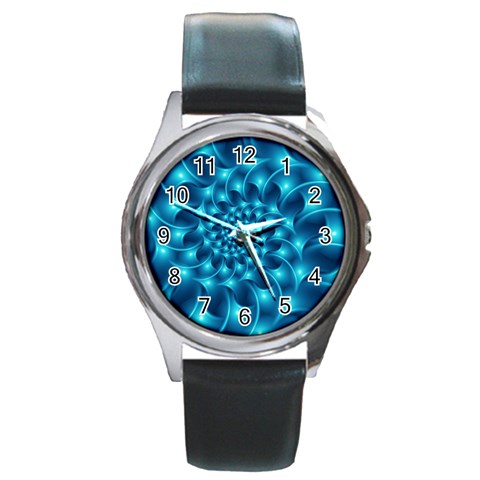 Glossy Light Blue Spiral Fractal Round Metal Watch from ArtsNow.com Front