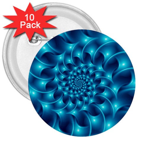 Glossy Light Blue Spiral Fractal 3  Button (10 pack) from ArtsNow.com Front