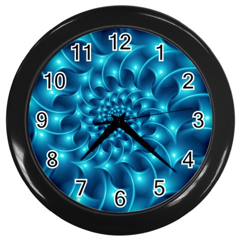 Glossy Light Blue Spiral Fractal Wall Clock (Black) from ArtsNow.com Front