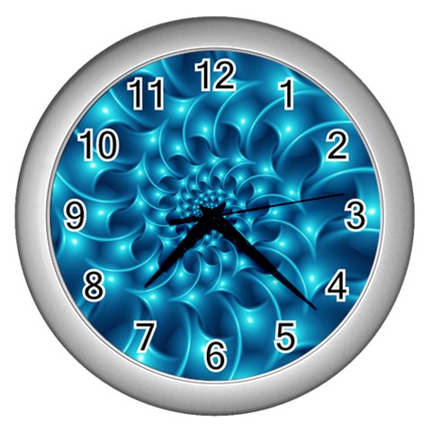 Glossy Light Blue Spiral Fractal Wall Clock (Silver) from ArtsNow.com Front