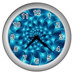 Glossy Light Blue Spiral Fractal Wall Clock (Silver)