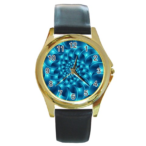 Glossy Light Blue Spiral Fractal Round Gold Metal Watch from ArtsNow.com Front