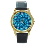 Glossy Light Blue Spiral Fractal Round Gold Metal Watch