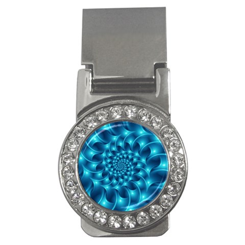 Glossy Light Blue Spiral Fractal Money Clip (CZ) from ArtsNow.com Front