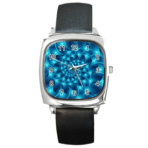 Glossy Light Blue Spiral Fractal Square Metal Watch from ArtsNow.com Front