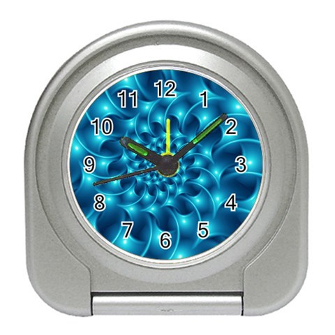 Glossy Light Blue Spiral Fractal Travel Alarm Clock from ArtsNow.com Front