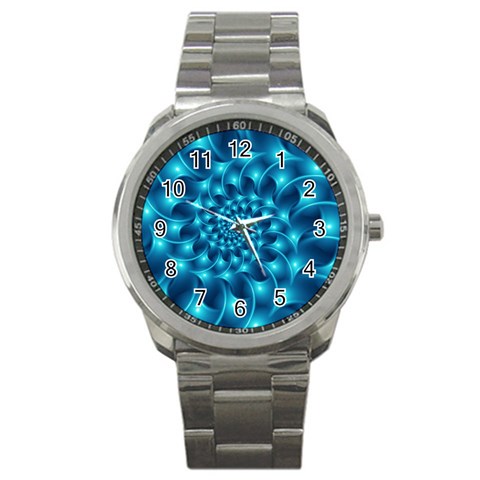 Glossy Light Blue Spiral Fractal Sport Metal Watch from ArtsNow.com Front