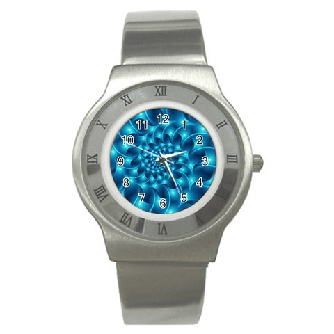 Glossy Light Blue Spiral Fractal Stainless Steel Watch from ArtsNow.com Front