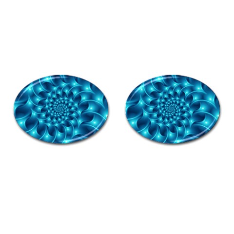 Glossy Light Blue Spiral Fractal Cufflinks (Oval) from ArtsNow.com Front(Pair)