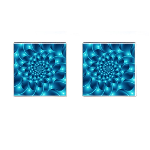 Glossy Light Blue Spiral Fractal Cufflinks (Square) from ArtsNow.com Front(Pair)