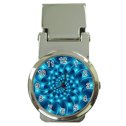 Glossy Light Blue Spiral Fractal Money Clip Watch from ArtsNow.com Front