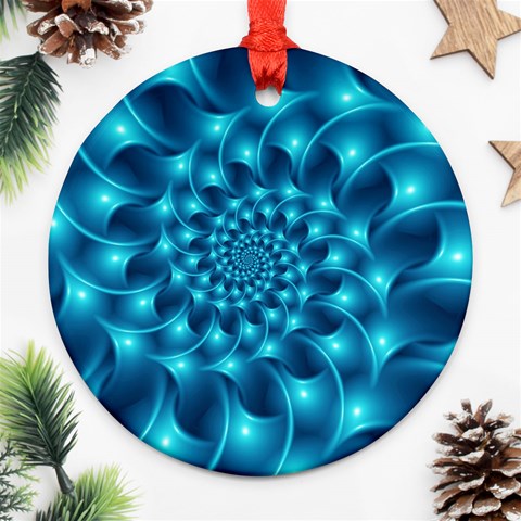 Glossy Light Blue Spiral Fractal Round Ornament (Two Sides) from ArtsNow.com Back