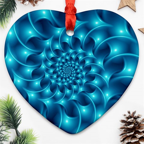 Glossy Light Blue Spiral Fractal Heart Ornament (Two Sides) from ArtsNow.com Front