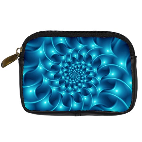 Glossy Light Blue Spiral Fractal Digital Camera Leather Case from ArtsNow.com Front