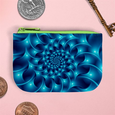 Glossy Light Blue Spiral Fractal Mini Coin Purse from ArtsNow.com Front