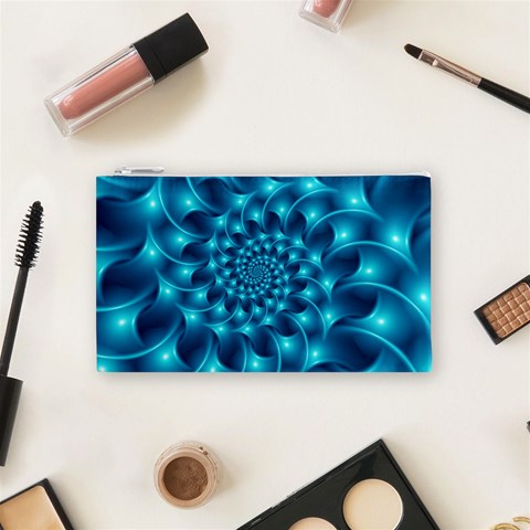 Glossy Light Blue Spiral Fractal Cosmetic Bag (Small) from ArtsNow.com Front