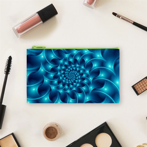 Glossy Light Blue Spiral Fractal Cosmetic Bag (Small) from ArtsNow.com Front