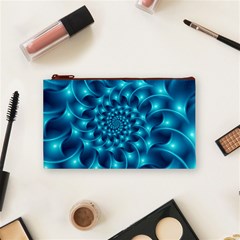 Glossy Light Blue Spiral Fractal Cosmetic Bag (Small) from ArtsNow.com Front