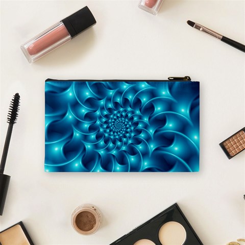 Glossy Light Blue Spiral Fractal Cosmetic Bag (Small) from ArtsNow.com Back