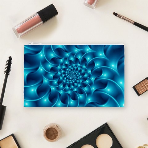 Glossy Light Blue Spiral Fractal Cosmetic Bag (Medium) from ArtsNow.com Front