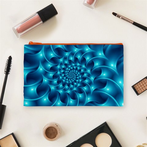 Glossy Light Blue Spiral Fractal Cosmetic Bag (Medium) from ArtsNow.com Front