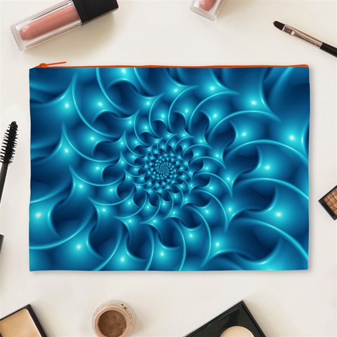 Glossy Light Blue Spiral Fractal Cosmetic Bag (XL) from ArtsNow.com Front