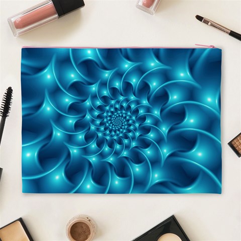 Glossy Light Blue Spiral Fractal Cosmetic Bag (XL) from ArtsNow.com Back