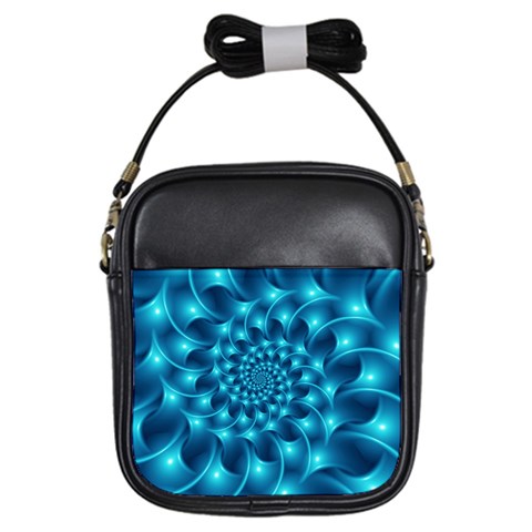 Glossy Light Blue Spiral Fractal Girls Sling Bag from ArtsNow.com Front