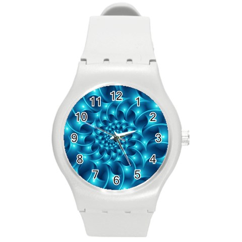 Glossy Light Blue Spiral Fractal Round Plastic Sport Watch (M) from ArtsNow.com Front