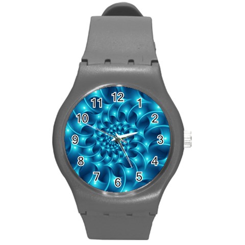 Glossy Light Blue Spiral Fractal Round Plastic Sport Watch (M) from ArtsNow.com Front