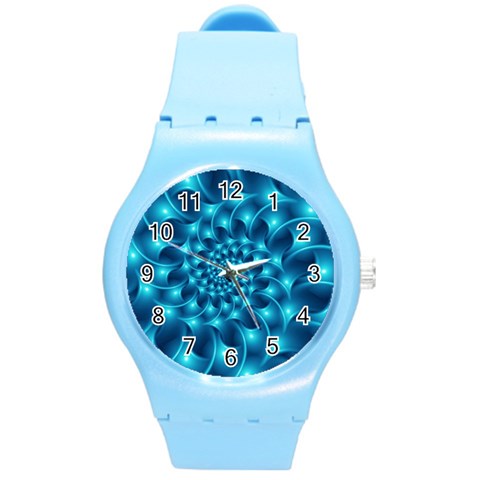 Glossy Light Blue Spiral Fractal Round Plastic Sport Watch (M) from ArtsNow.com Front