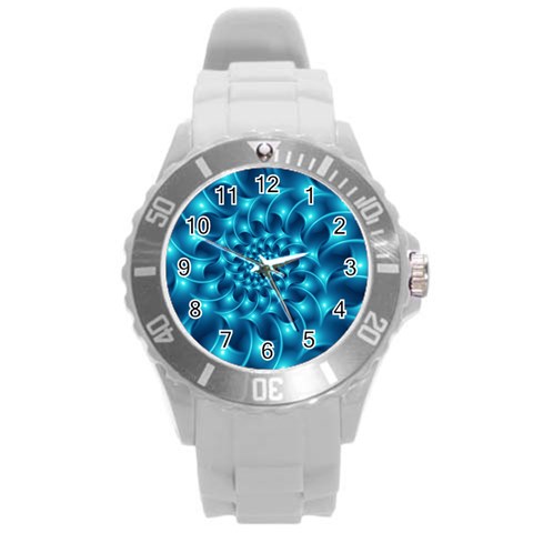 Glossy Light Blue Spiral Fractal Round Plastic Sport Watch (L) from ArtsNow.com Front