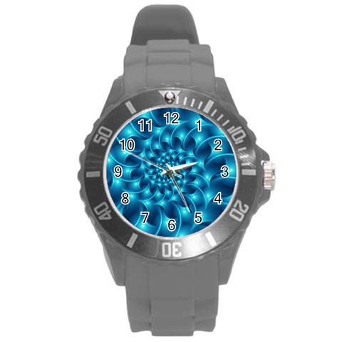 Glossy Light Blue Spiral Fractal Round Plastic Sport Watch (L) from ArtsNow.com Front