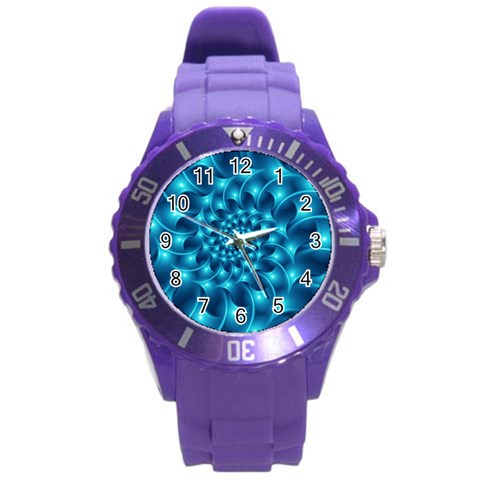 Glossy Light Blue Spiral Fractal Round Plastic Sport Watch (L) from ArtsNow.com Front