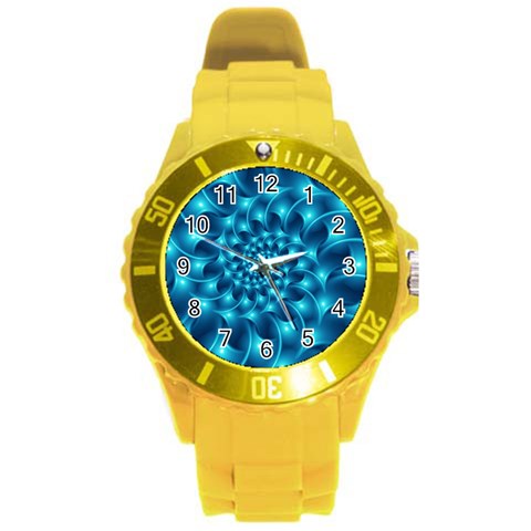 Glossy Light Blue Spiral Fractal Round Plastic Sport Watch (L) from ArtsNow.com Front