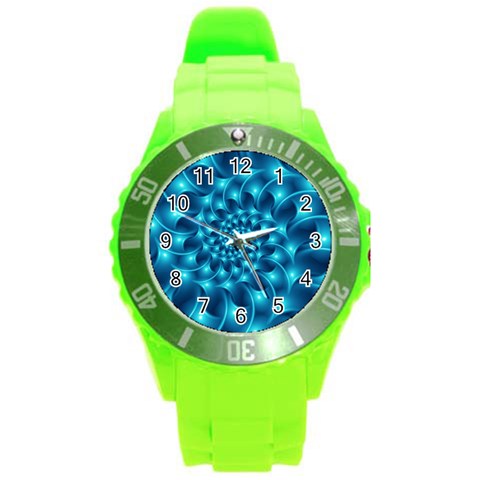 Glossy Light Blue Spiral Fractal Round Plastic Sport Watch (L) from ArtsNow.com Front