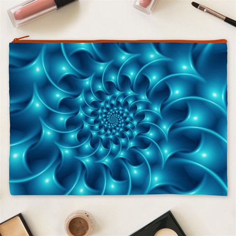 Glossy Light Blue Spiral Fractal Cosmetic Bag (XXXL) from ArtsNow.com Front